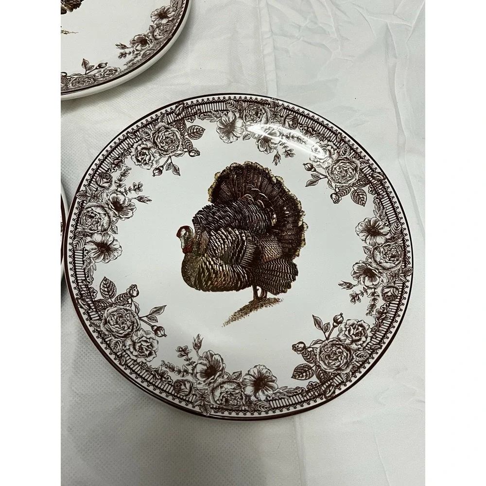 Turkey Pheasant Plates Set of 5 Floral Thanksgiving Fall Bird Country Farm Cabin